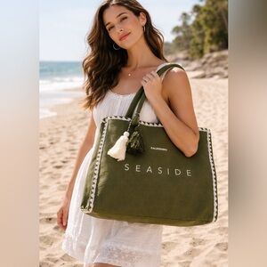 Seaside Olive Green Canvas Tote with Tassel Accent